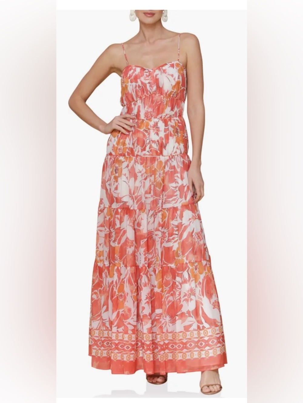 Avec Les Filles Coral and White Floral Maxi Summer Dress NWT